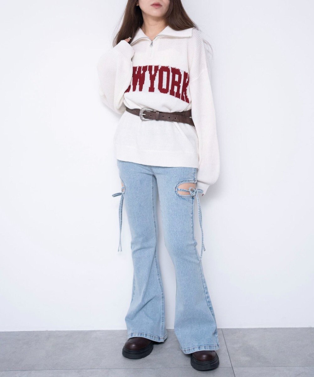 WEGO 【SMサイズ展開/伸びる】カットアウトリボンストレッチフレアデニムパンツ 