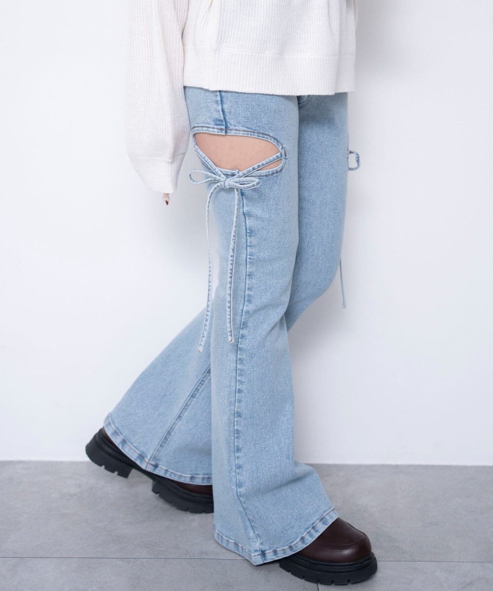WEGO 【SMサイズ展開/伸びる】カットアウトリボンストレッチフレアデニムパンツ 