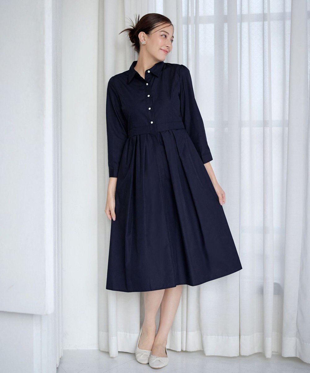 Tiaclasse L 【洗える】パール釦フレアシャツワンピース 