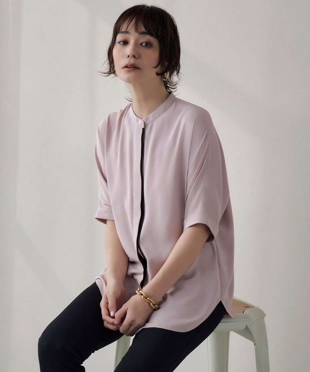 ICB L 【新色追加・接触冷感・UVケア・速乾・洗える】BackSatinAmunzen 5分袖バンドカラーブラウス 