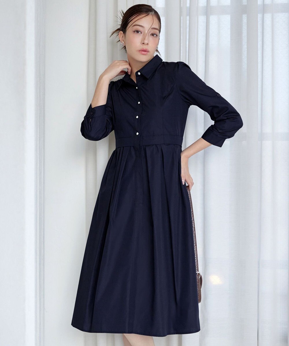 Tiaclasse L 【洗える】パール釦フレアシャツワンピース 
