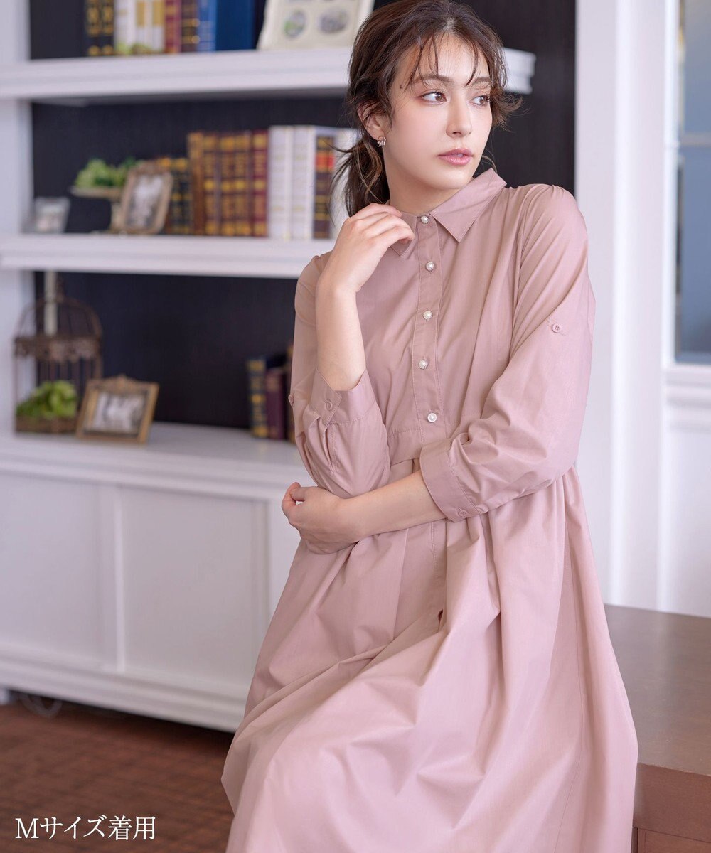 Tiaclasse L 【洗える】パール釦フレアシャツワンピース 