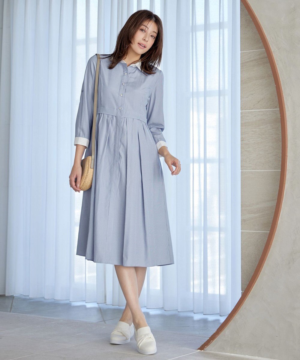 Tiaclasse L 【洗える】パール釦フレアシャツワンピース 