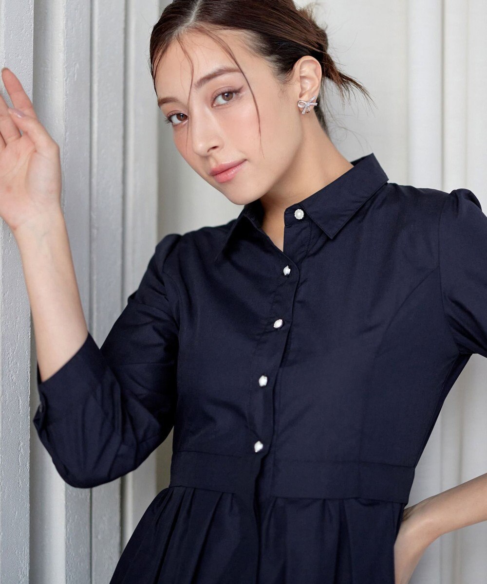 Tiaclasse L 【洗える】パール釦フレアシャツワンピース 