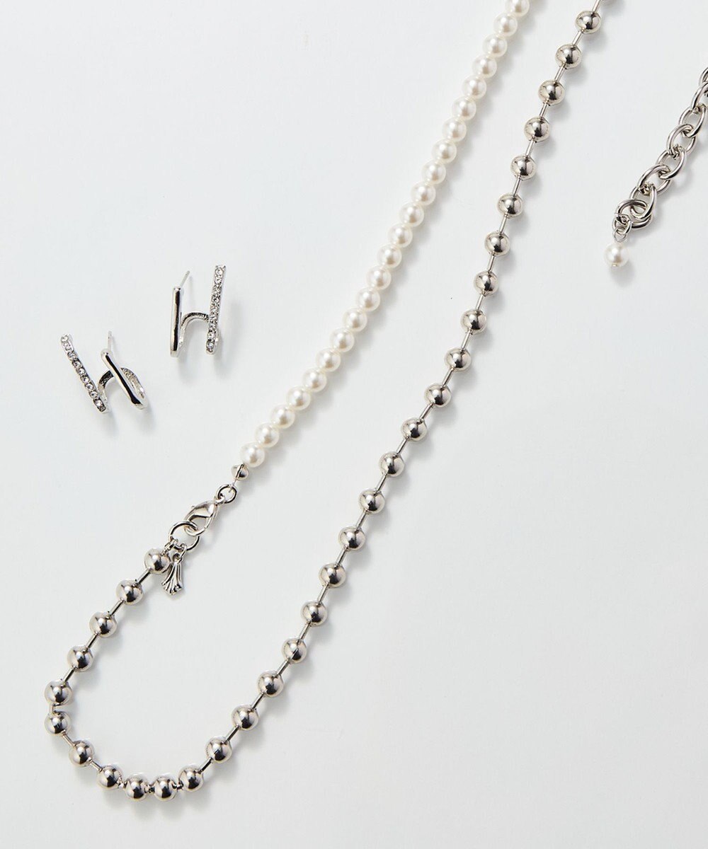 Phoebe 【セレモニーセット】マルチwayメタルボールパールネックレス×ダブルライングリッタービジューピアスSET 