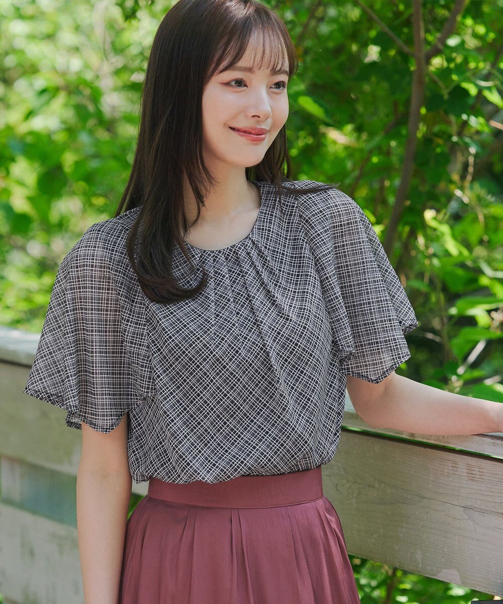 Tiaclasse 【洗える】チェック柄ハンカチスリーブブラウス 