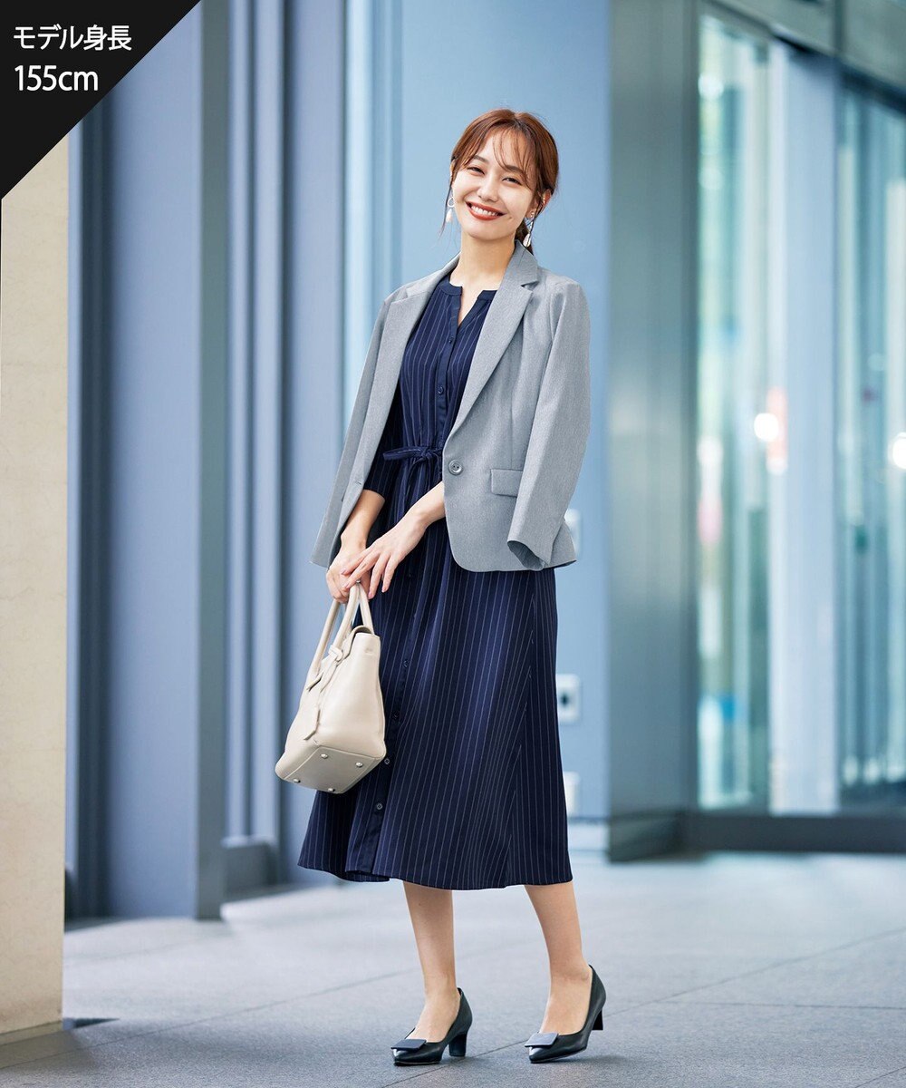 Tiaclasse L 【新色追加・洗える】配色キーネックストライプワンピース 