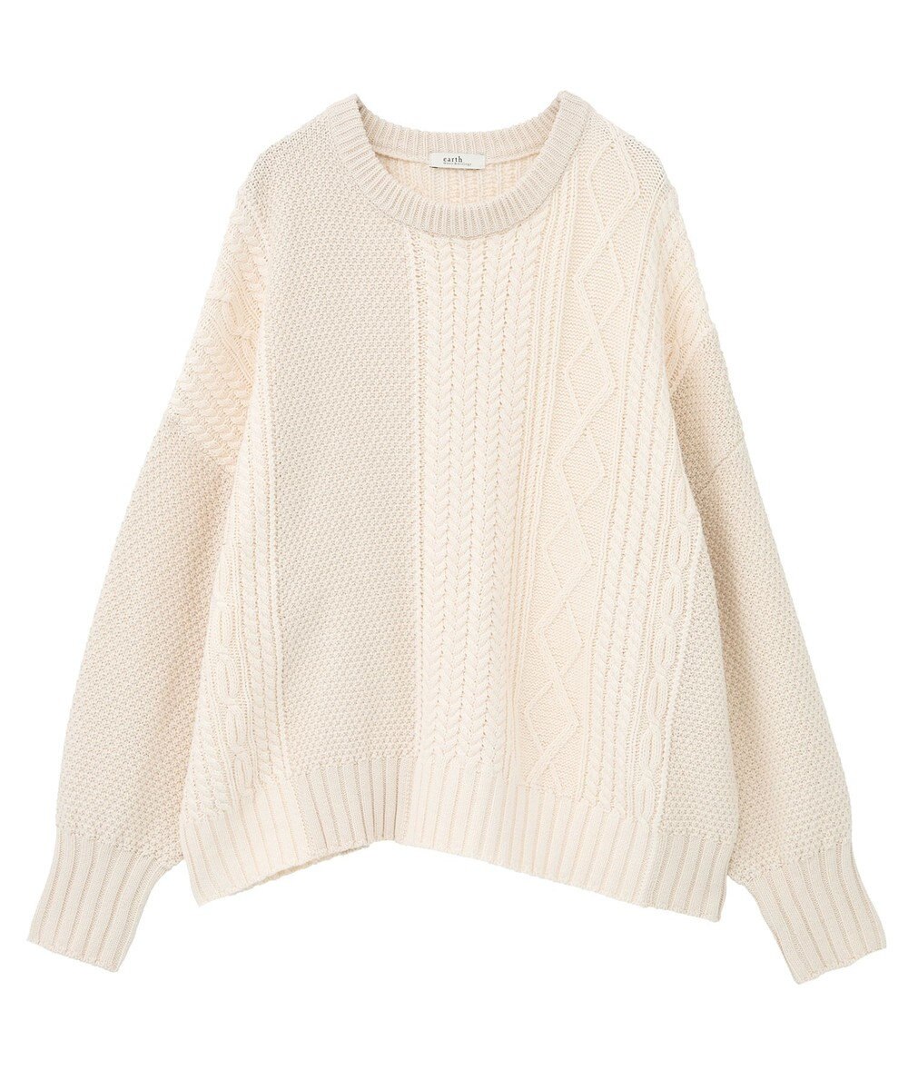 earth music&ecology 【洗濯機洗い可】アンチピリングC/Aパッチワークケーブルニット 