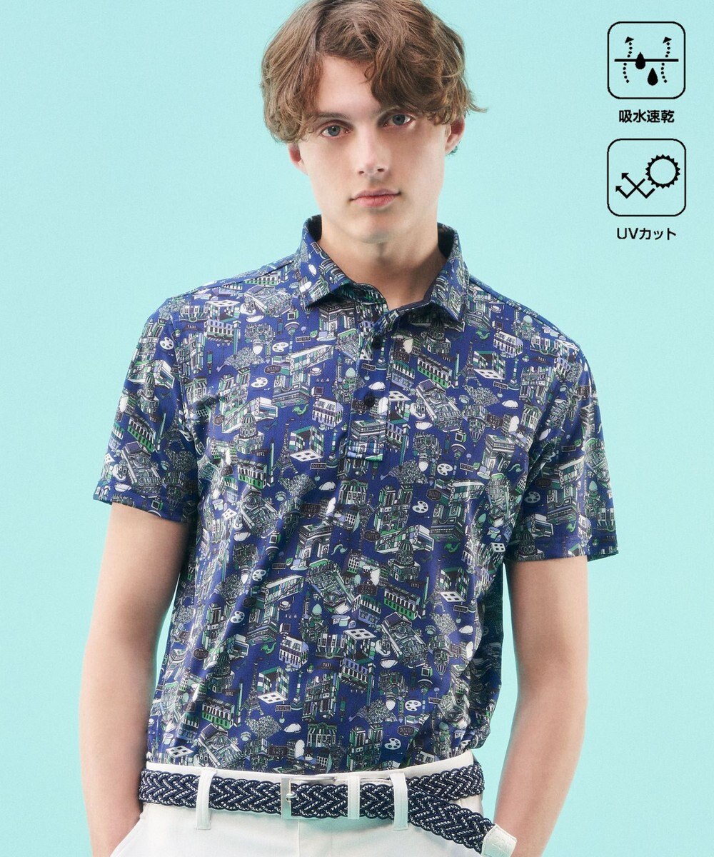 23区GOLF 【MEN】【吸水速乾/UVカット】パリマップ総柄ポロシャツ 