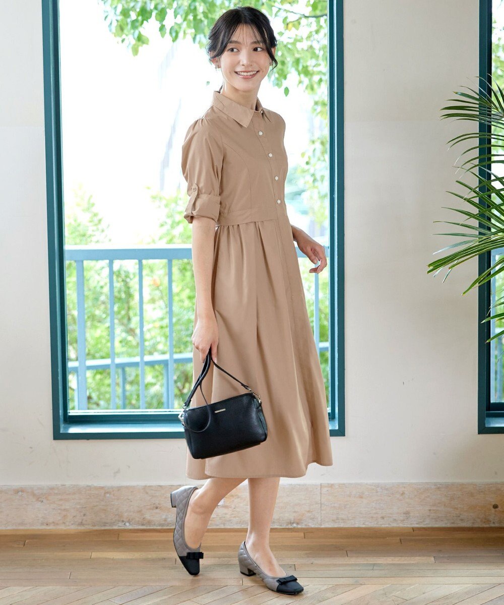 Tiaclasse L 【洗える】パール釦フレアシャツワンピース 