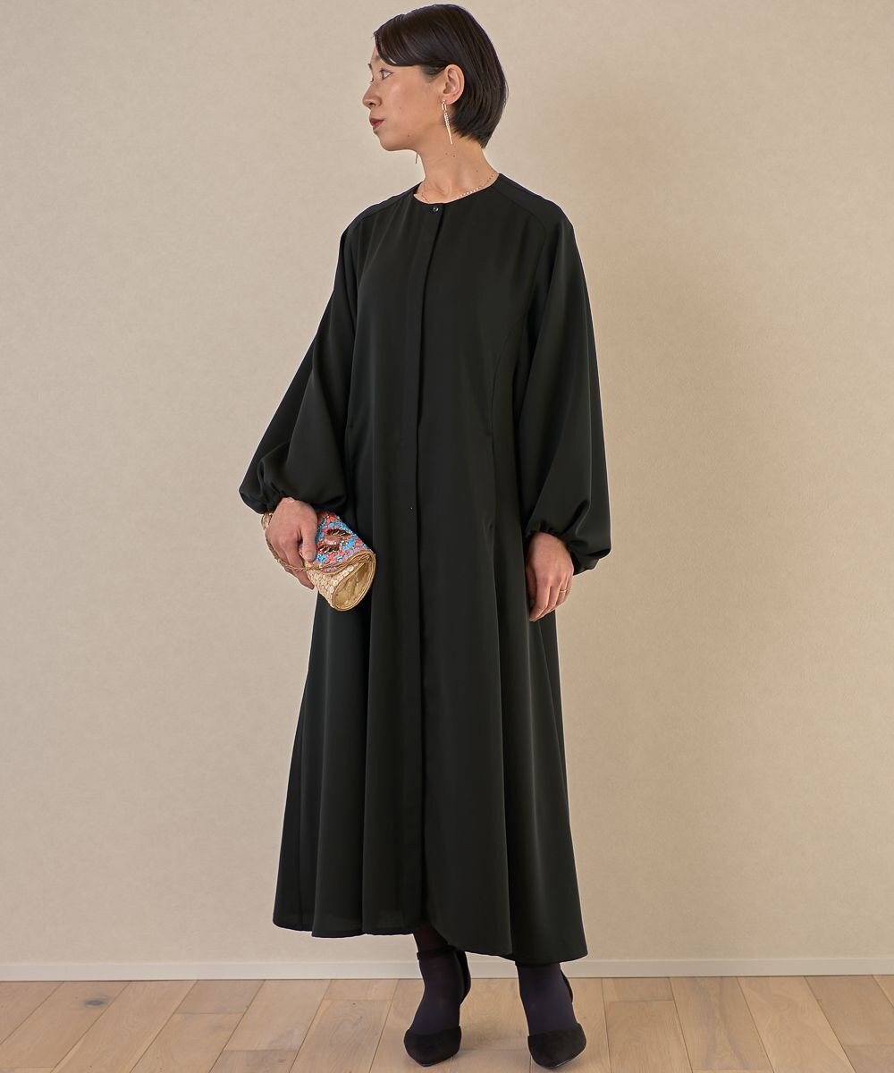 muuc ブラックフォーマルドレス〈礼服・ 喪服・日本製・オールシーズン〉〈上品なAライン・袖口ゴム・体型カバー・美しい落ち感〉〈冠婚葬祭・卒入学・日常着・前開き羽織り〉 