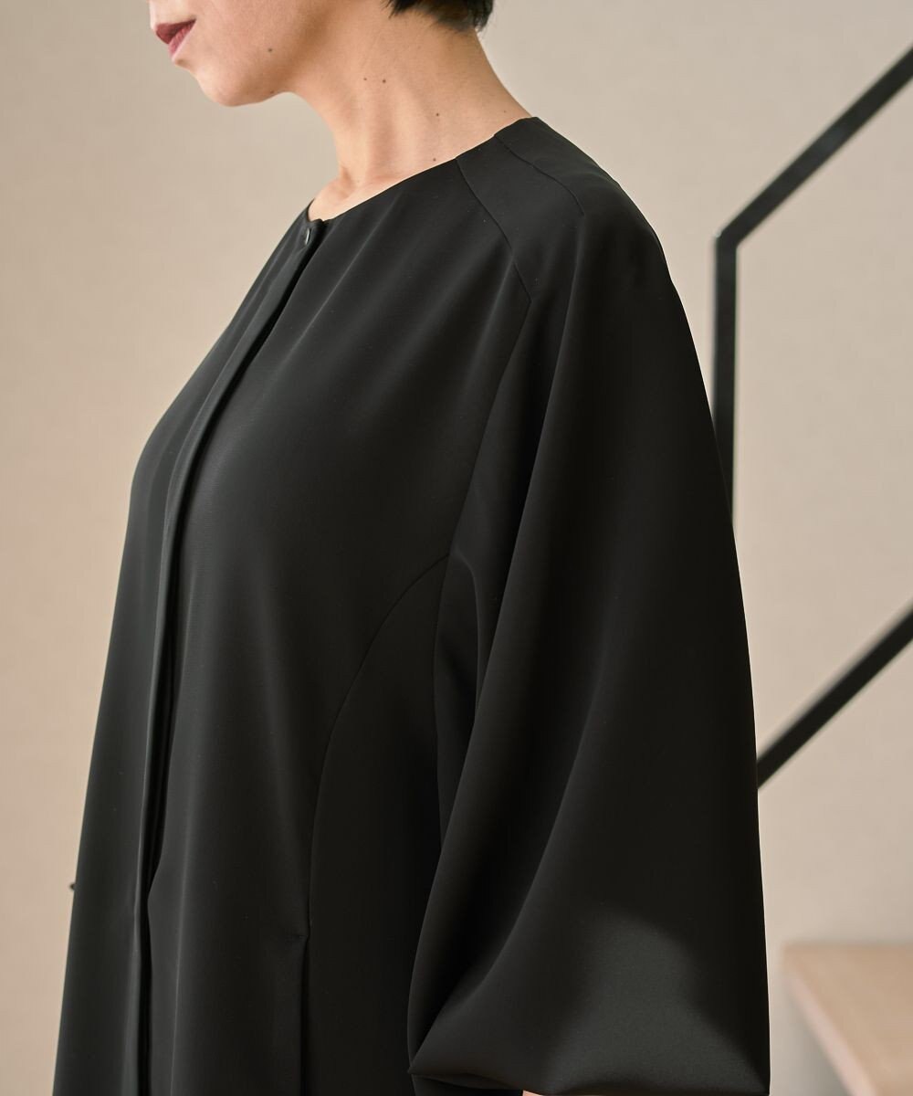 muuc ブラックフォーマルドレス〈礼服・ 喪服・日本製・オールシーズン〉〈上品なAライン・袖口ゴム・体型カバー・美しい落ち感〉〈冠婚葬祭・卒入学・日常着・前開き羽織り〉 