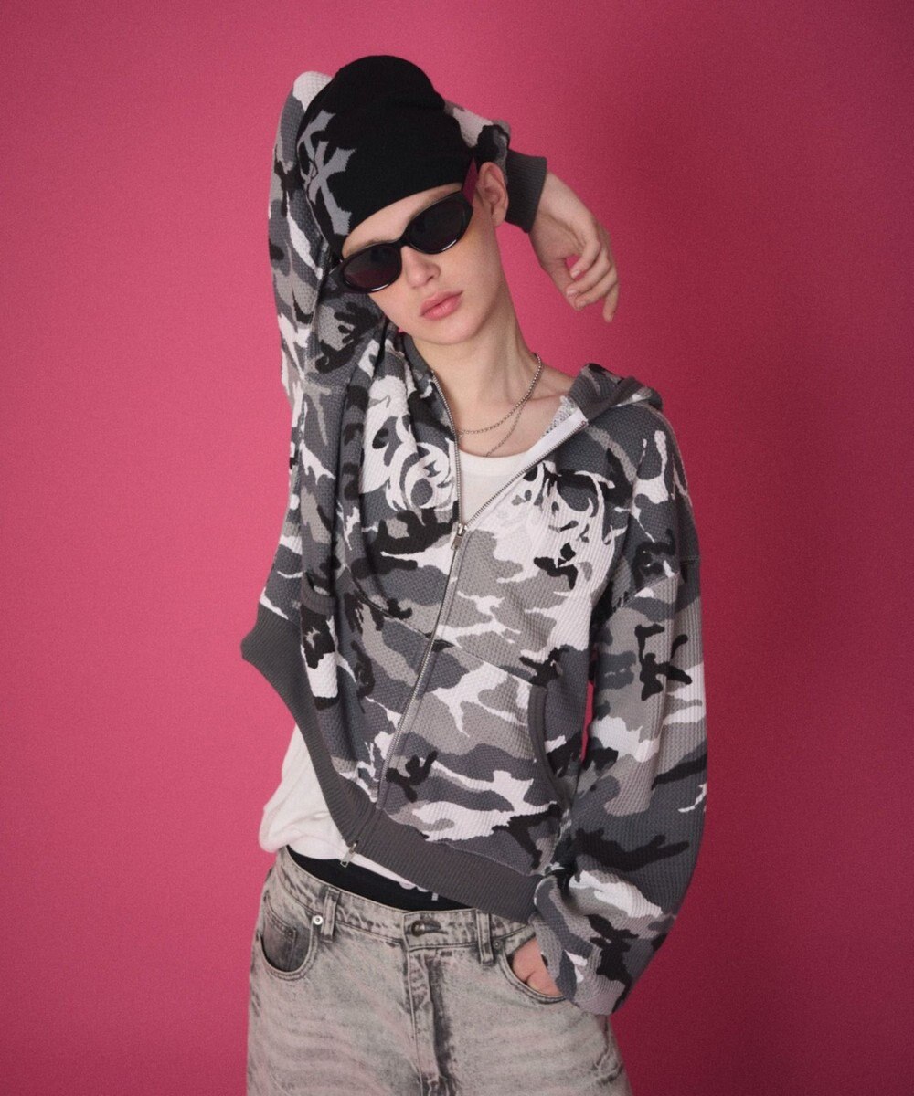 WEGO 【ユニセックス着用ITEM】ワッフルグラフィックカットZIPパーカー 