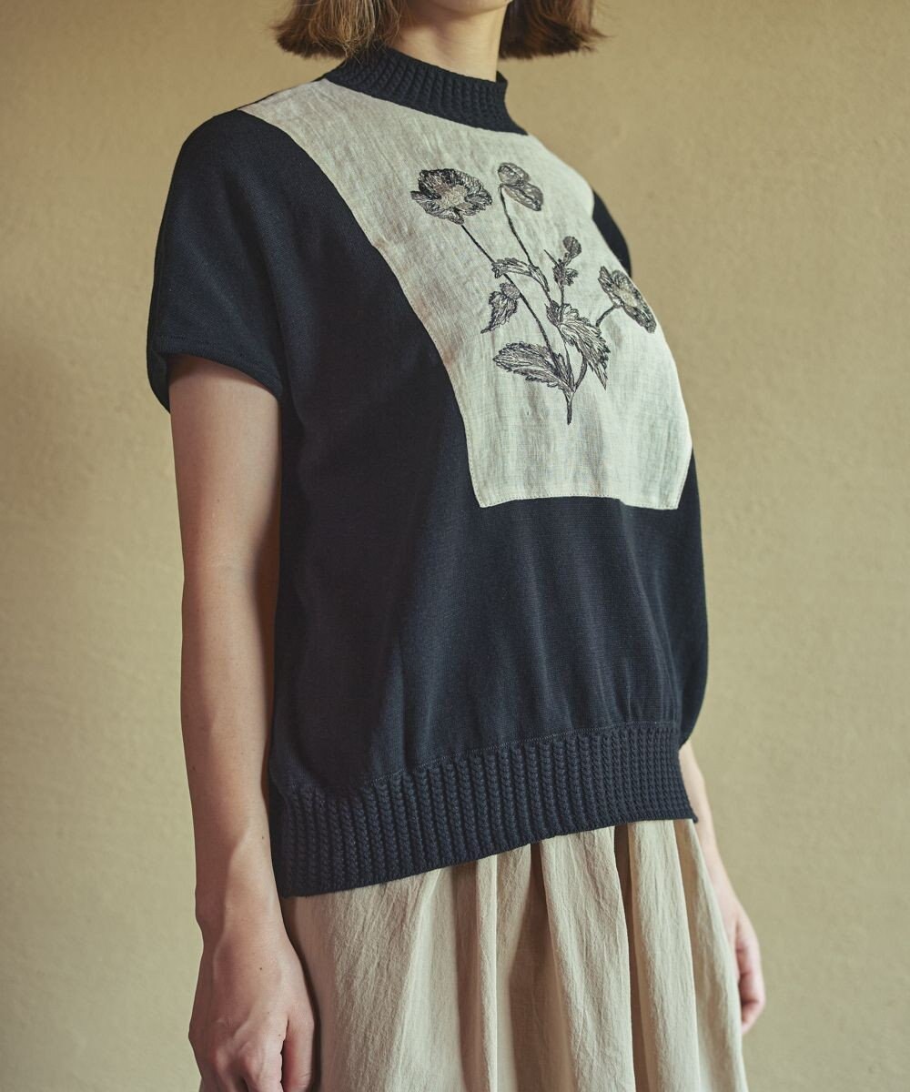 muuc ポピー刺繍フレンチスリーブプルオーバー〈日本製・高級綿100%の光沢と柔らかさ〉〈繊細な花刺繍〉〈大人の夏ニット〉〈ゆったりフリーサイズ〉 