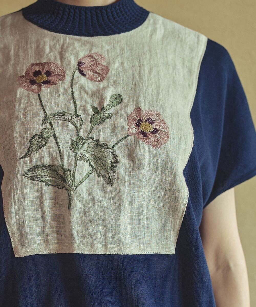 muuc ポピー刺繍フレンチスリーブプルオーバー〈日本製・高級綿100%の光沢と柔らかさ〉〈繊細な花刺繍〉〈大人の夏ニット〉〈ゆったりフリーサイズ〉 