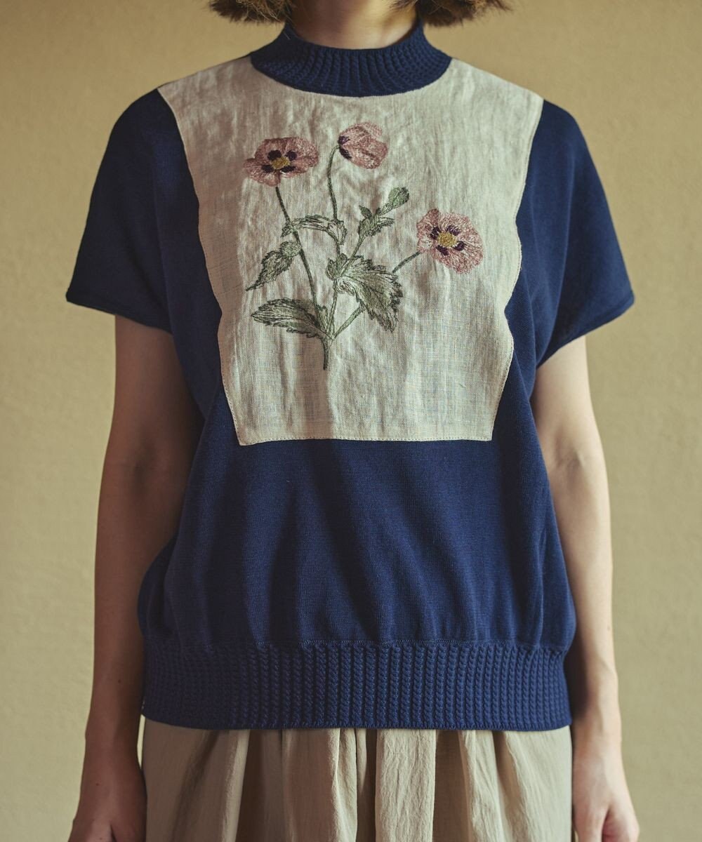 muuc ポピー刺繍フレンチスリーブプルオーバー〈日本製・高級綿100%の光沢と柔らかさ〉〈繊細な花刺繍〉〈大人の夏ニット〉〈ゆったりフリーサイズ〉 