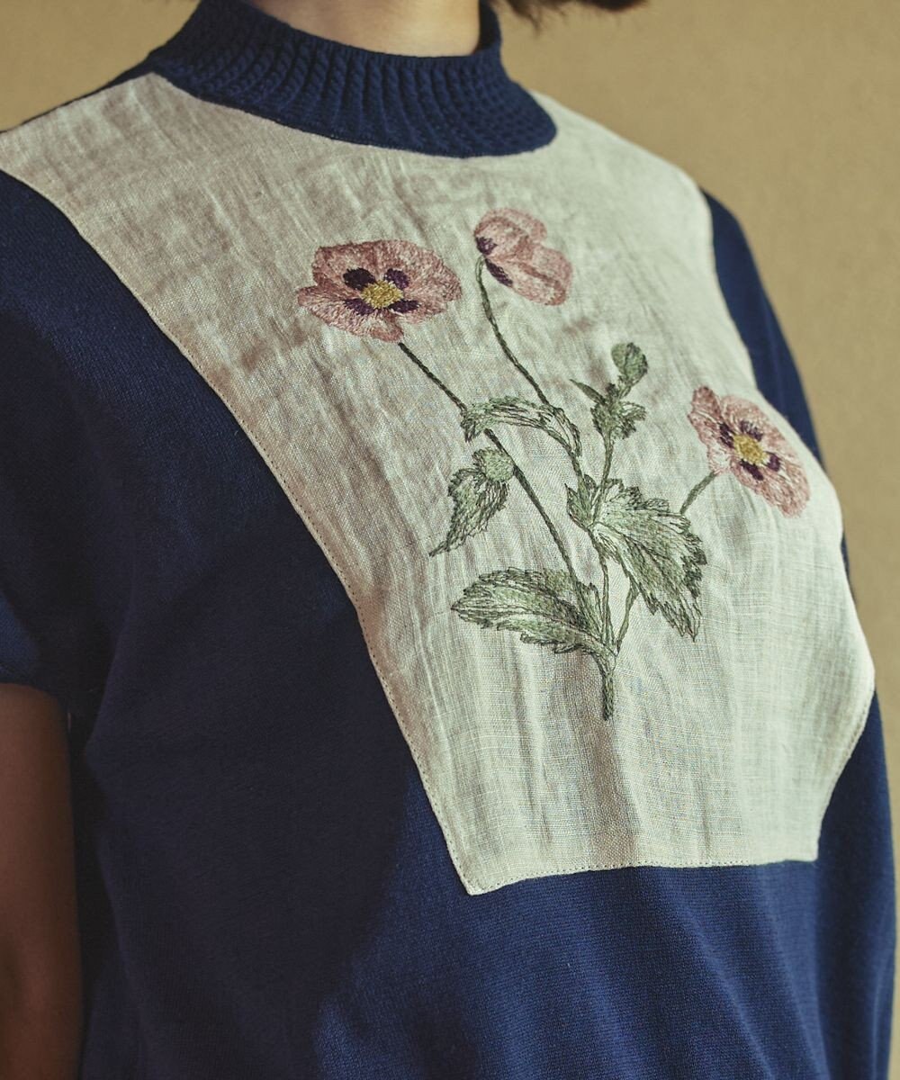 muuc ポピー刺繍フレンチスリーブプルオーバー〈日本製・高級綿100%の光沢と柔らかさ〉〈繊細な花刺繍〉〈大人の夏ニット〉〈ゆったりフリーサイズ〉 