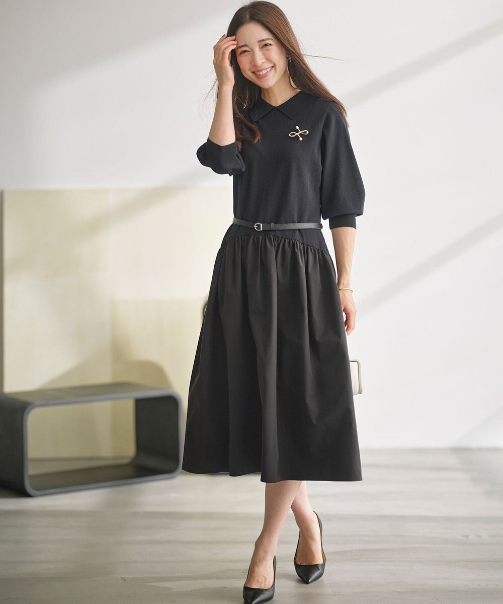 組曲 襟付きドッキング ニットワンピース 