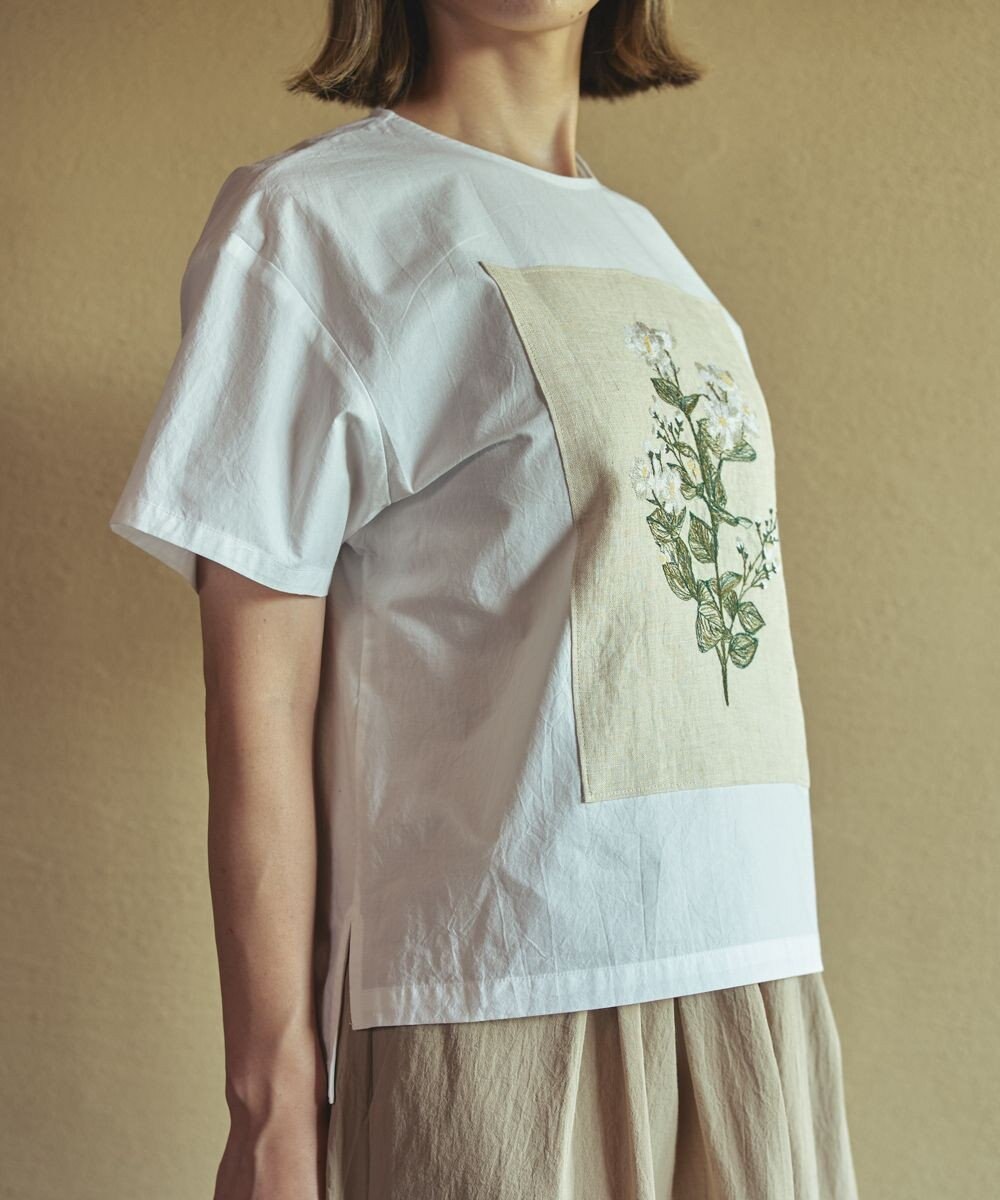 muuc ジャスミン刺繍半袖プルオーバー〈日本製・上質な天然素材・遠州織物〉〈繊細なオリジナル花刺繍〉〈ゆったりフリーサイズ〉〈上品な大人の布帛Tシャツ〉 