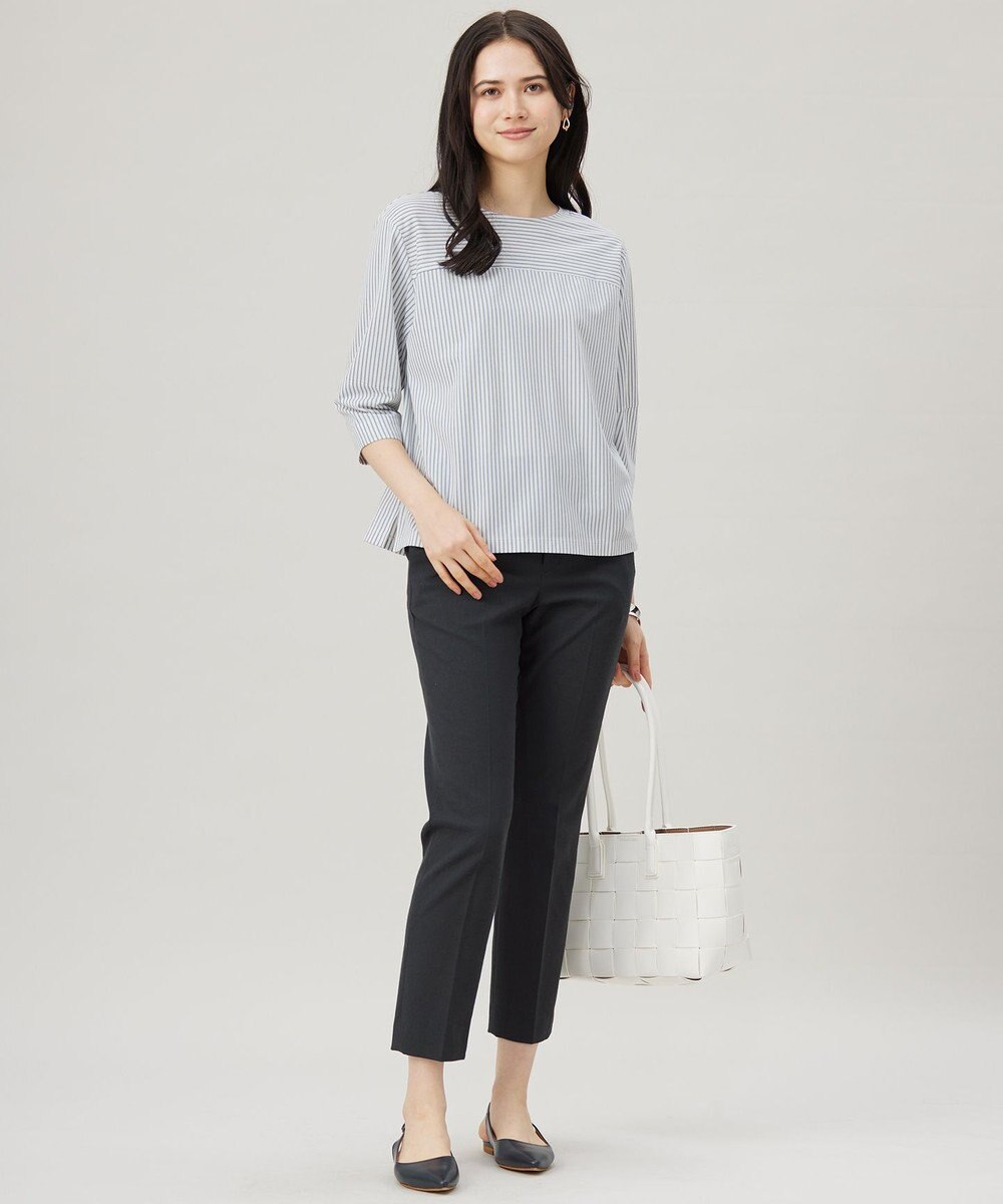 自由区 L 【接触冷感・UVカット・洗える】ストライプコットンハイゲージフォルムスリーブ カットソー 