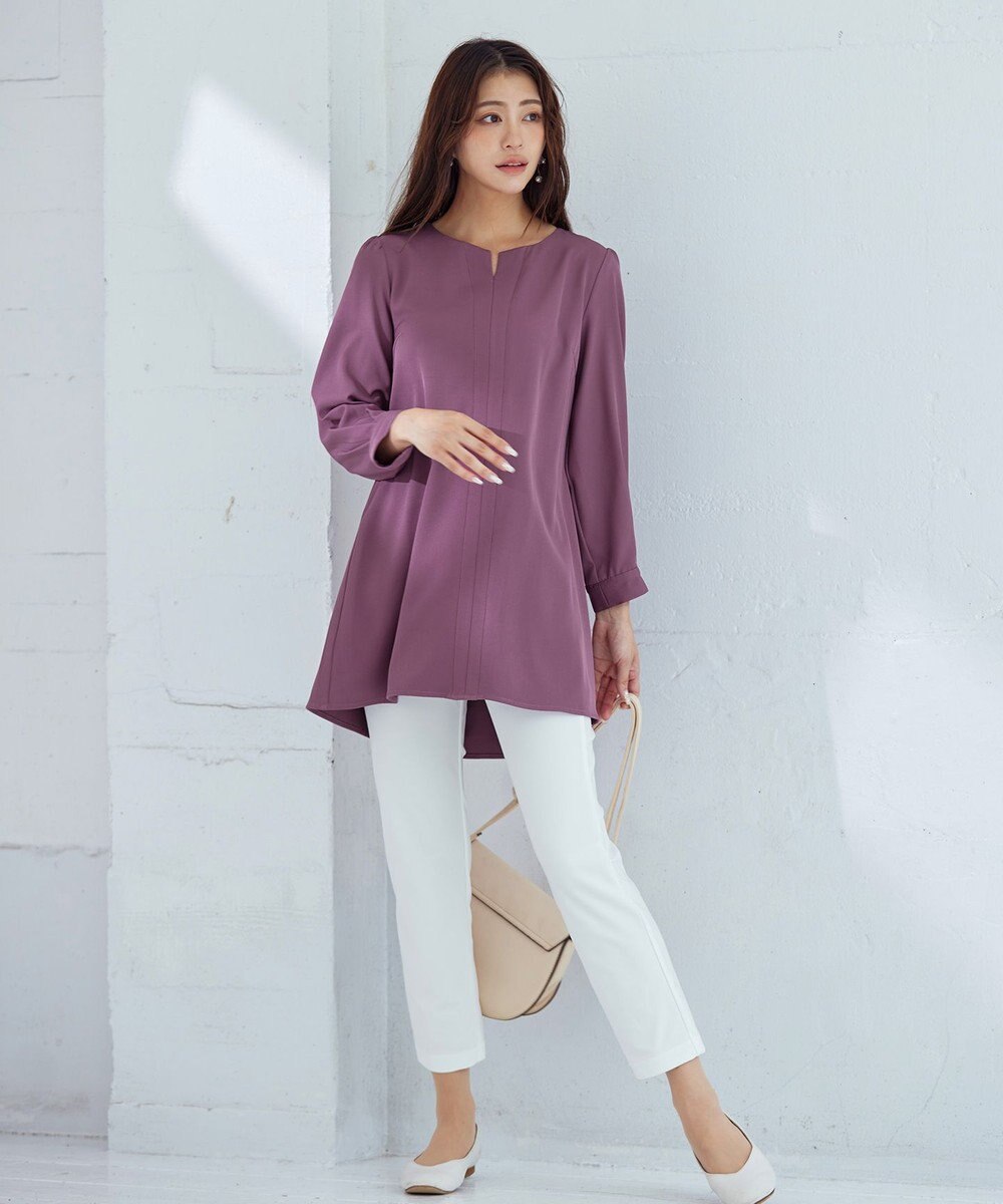 Tiaclasse 【洗える】キーネックバックフレアチュニックブラウス 