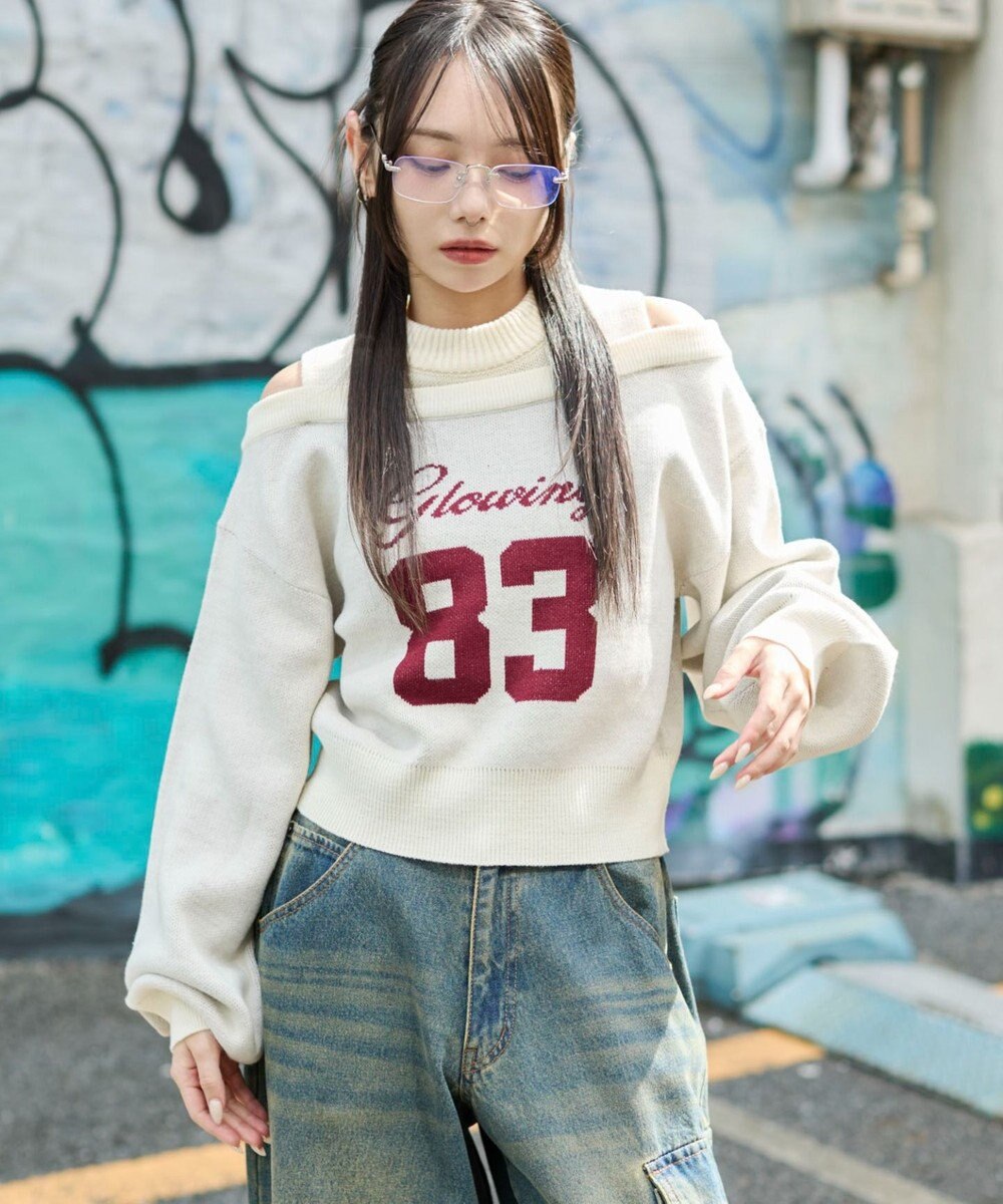 WEGO オープンショルダーナンバリングニット 