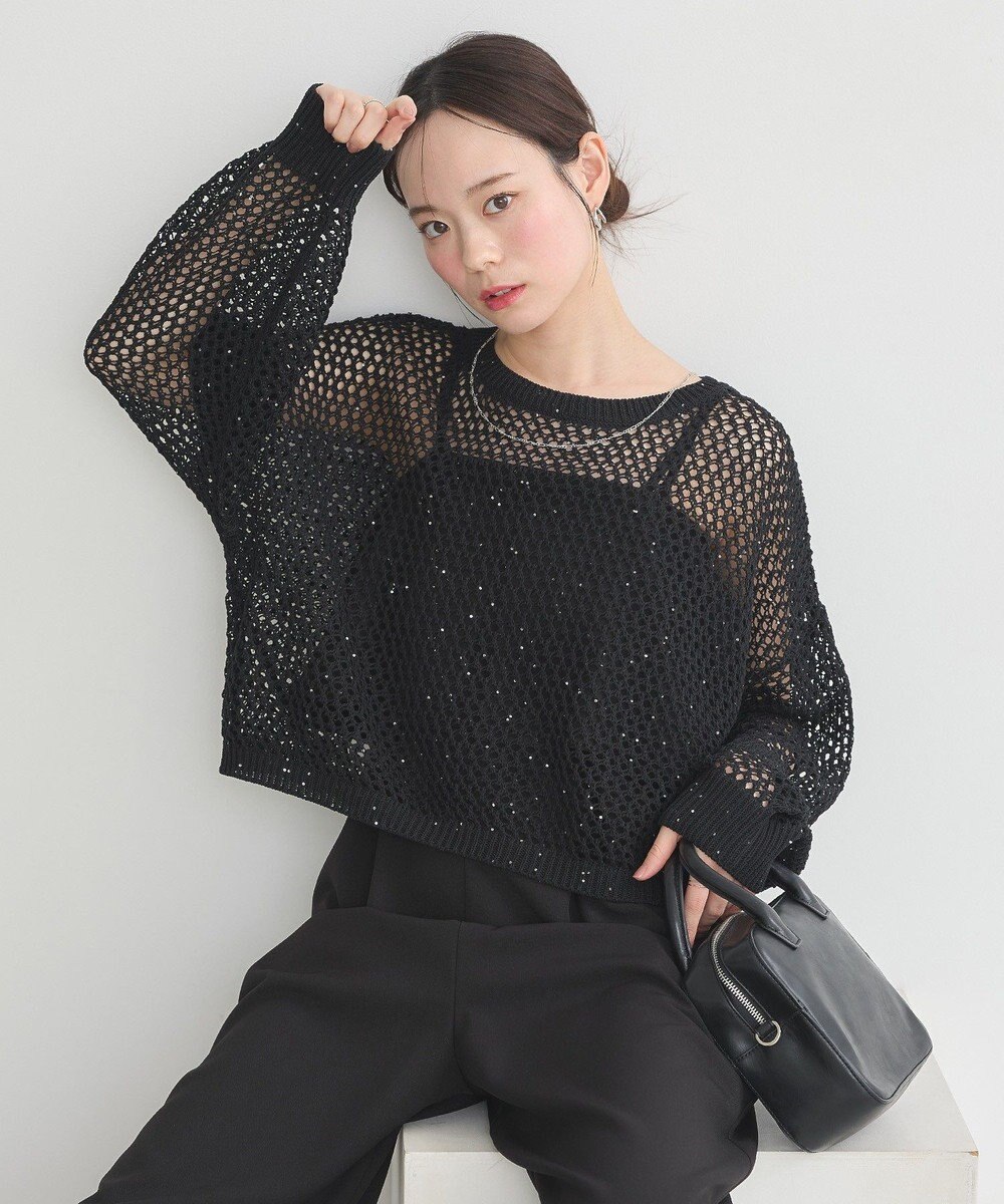 earth music&ecology スパンコールメッシュニットプルオーバー 