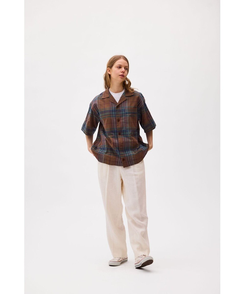 LENO DARK MADRAS CHECK OPEN COLLAR SHIRTS / マドラスチェックブラウス 