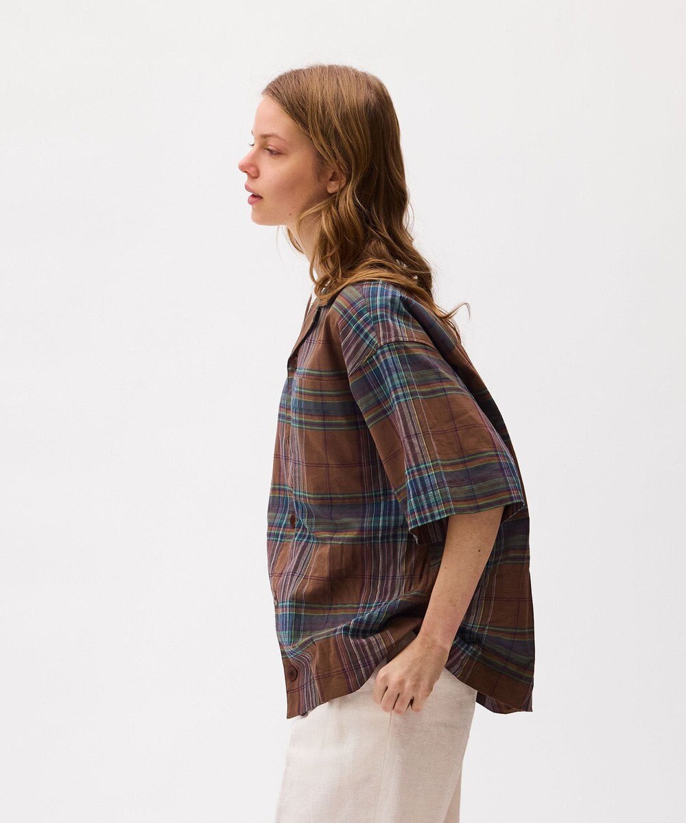 LENO DARK MADRAS CHECK OPEN COLLAR SHIRTS / マドラスチェックブラウス 