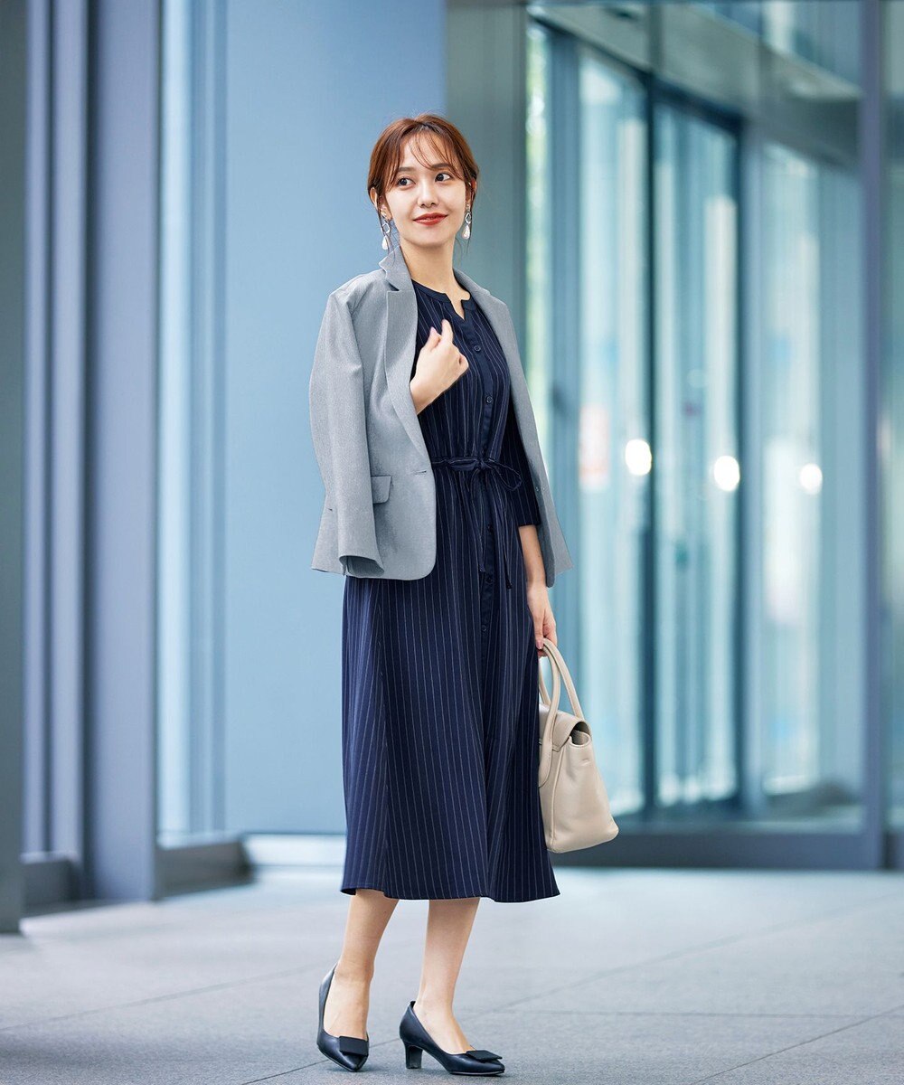 Tiaclasse L 【新色追加・洗える】配色キーネックストライプワンピース 