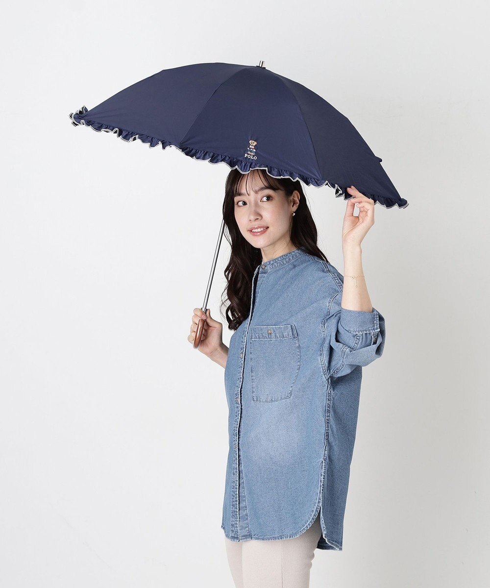 MOONBAT 【WEB限定/遮光率100%/遮熱/UV】POLO RALPH LAUREN（ポロ ラルフローレン）晴雨兼用日傘 ワンポイント ポロベア刺繍 フリル 折りたたみ傘 長折タイプ 