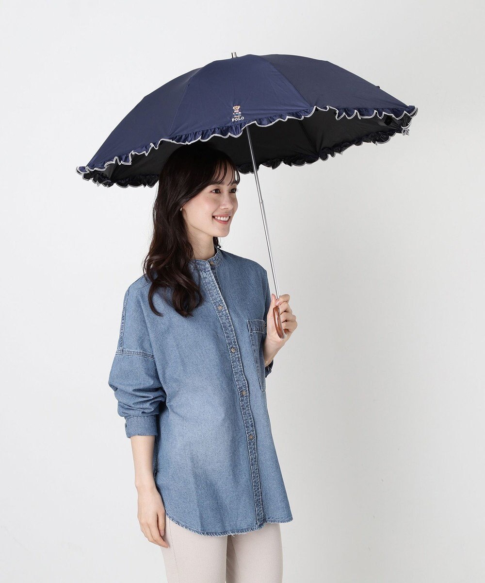MOONBAT 【WEB限定/遮光率100%/遮熱/UV】POLO RALPH LAUREN（ポロ ラルフローレン）晴雨兼用日傘 ワンポイント ポロベア刺繍 フリル 折りたたみ傘 長折タイプ 