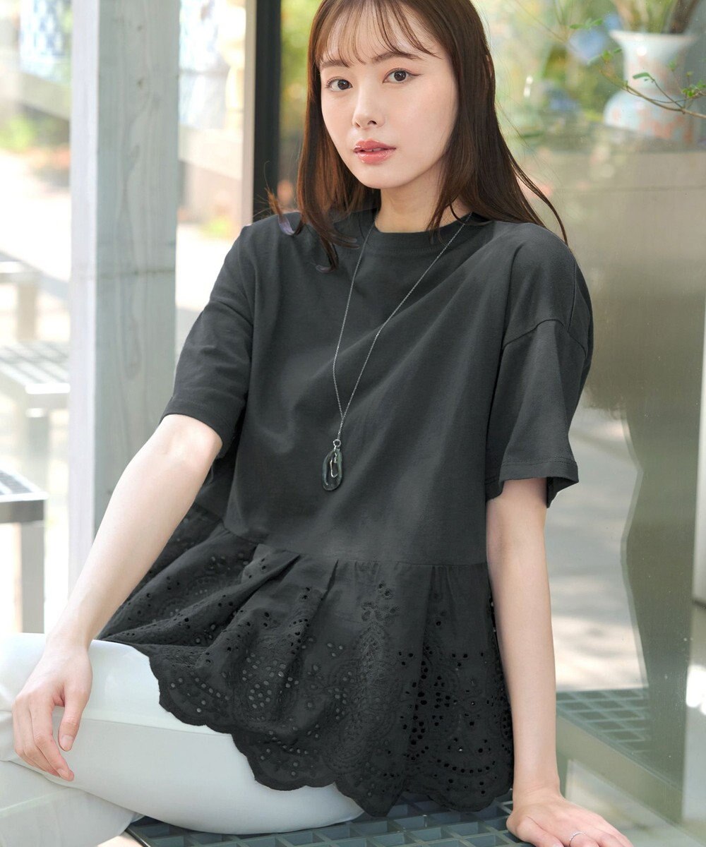 Tiaclasse 【洗える】刺繍レースドッキングカットソートップス 