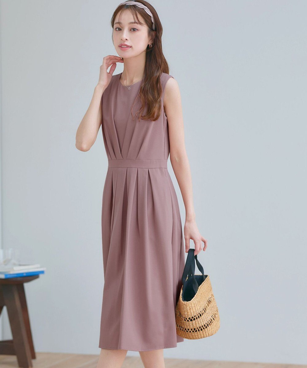 Tiaclasse L 【2TYPEスリーブ/半袖・ノースリーブ・洗える】タックフレアワンピース 