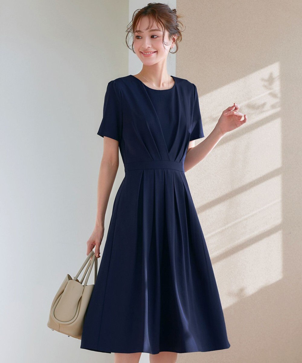 Tiaclasse L 【2TYPEスリーブ/半袖・ノースリーブ・洗える】タックフレアワンピース 