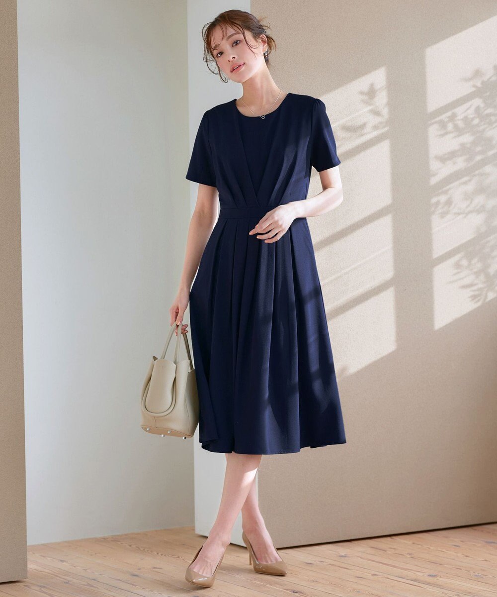 Tiaclasse L 【2TYPEスリーブ/半袖・ノースリーブ・洗える】タックフレアワンピース 