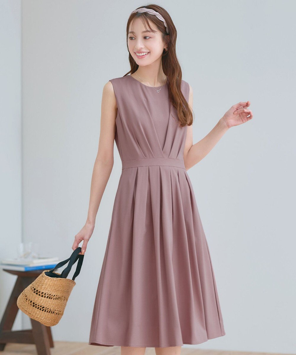 Tiaclasse L 【2TYPEスリーブ/半袖・ノースリーブ・洗える】タックフレアワンピース 