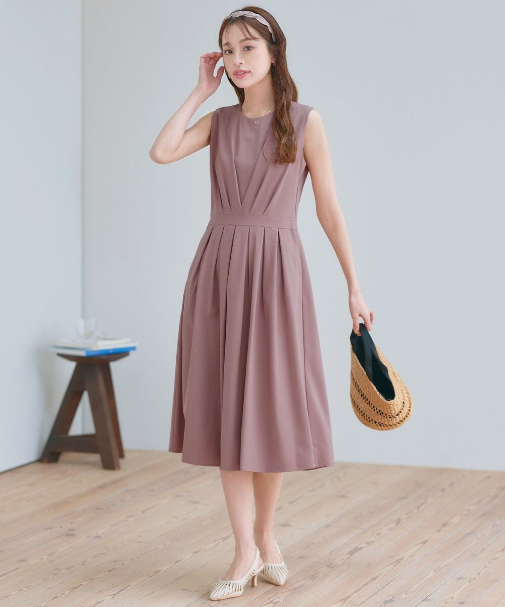 Tiaclasse L 【2TYPEスリーブ/半袖・ノースリーブ・洗える】タックフレアワンピース 