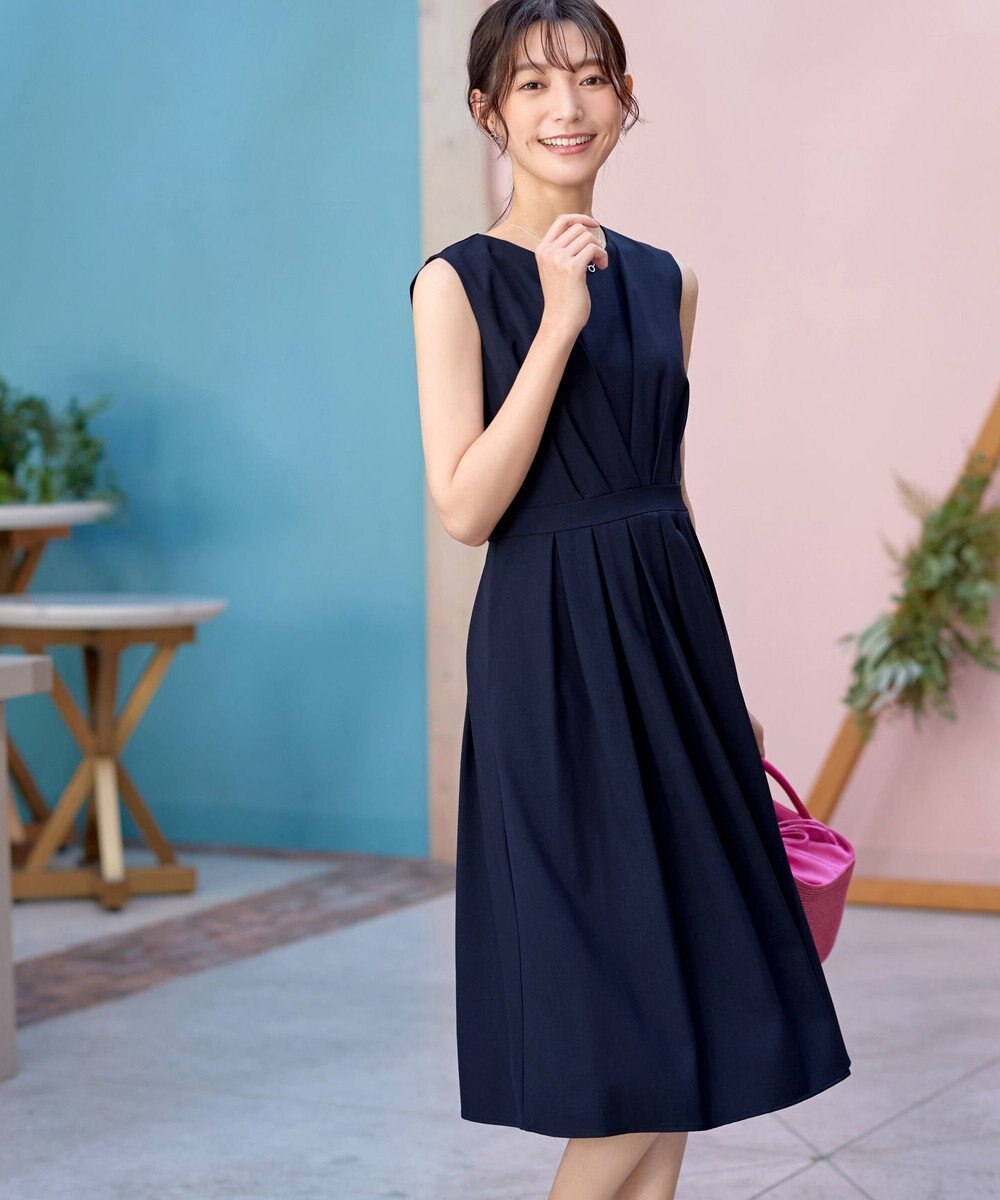 Tiaclasse L 【2TYPEスリーブ/半袖・ノースリーブ・洗える】タックフレアワンピース 