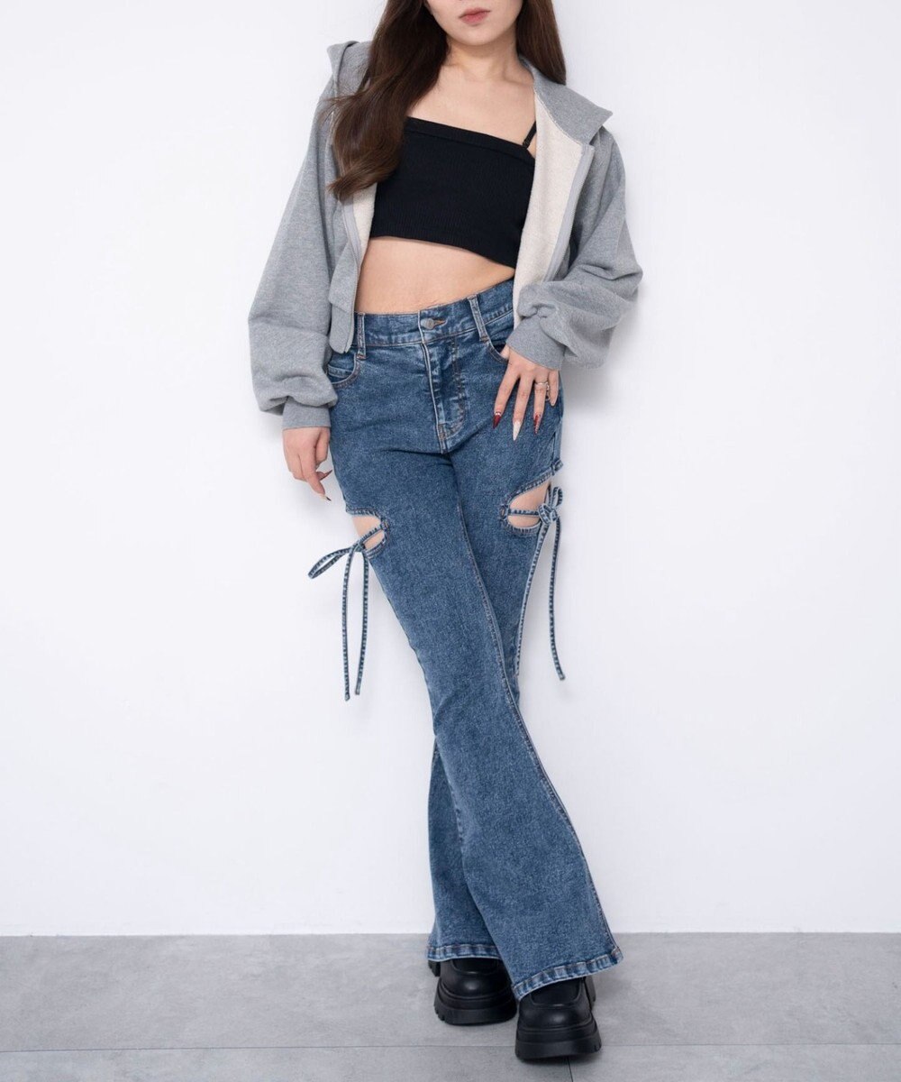 WEGO 【SMサイズ展開/伸びる】カットアウトリボンストレッチフレアデニムパンツ 