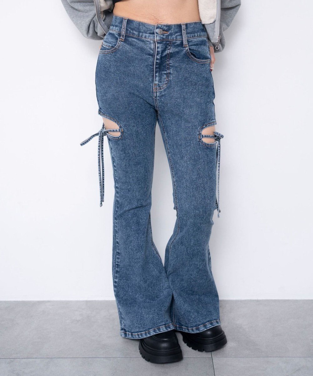 WEGO 【SMサイズ展開/伸びる】カットアウトリボンストレッチフレアデニムパンツ 