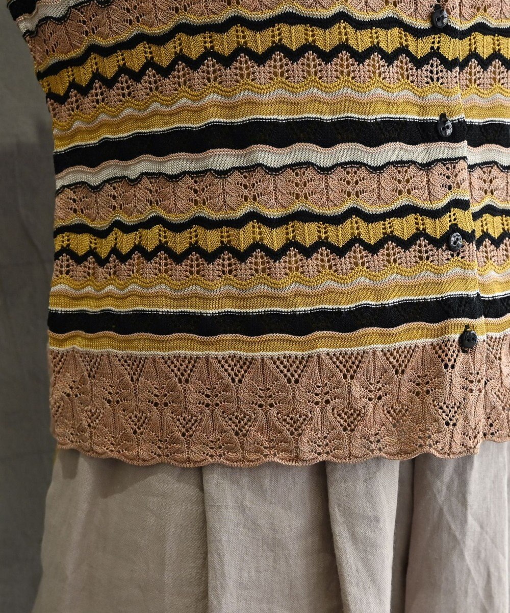 muuc 〈高品質シルク100%〉〈通年着られる〉袖リブあり シェルボタン使用 透かしレース編み シルクマルチボーダーカーディガン 