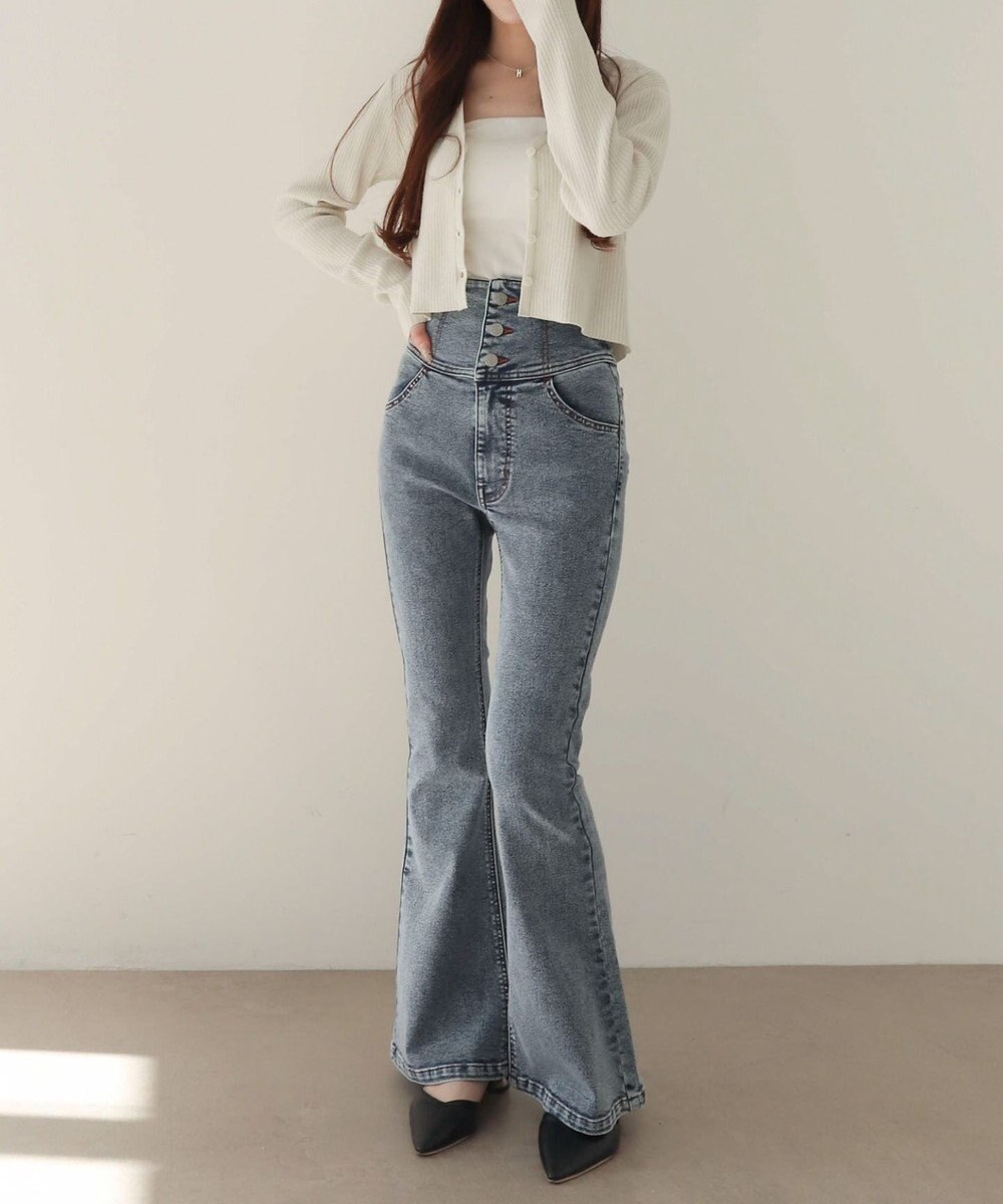 WEGO 【ストレッチ/美脚/脚長シルエット/XSSMサイズ展開】ハイウエストストレッチフレアデニムパンツ 