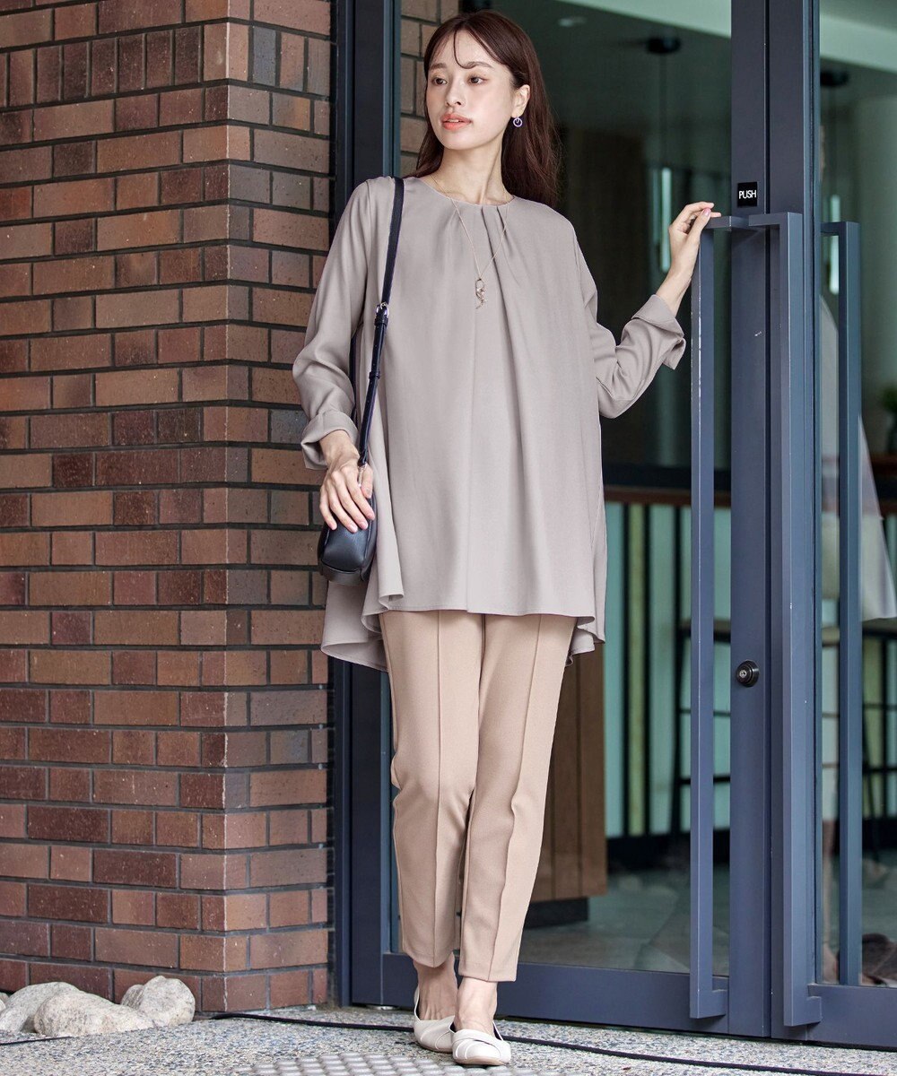 Tiaclasse L 【洗える】フロントタックバックギャザーフレアチュニックブラウス 