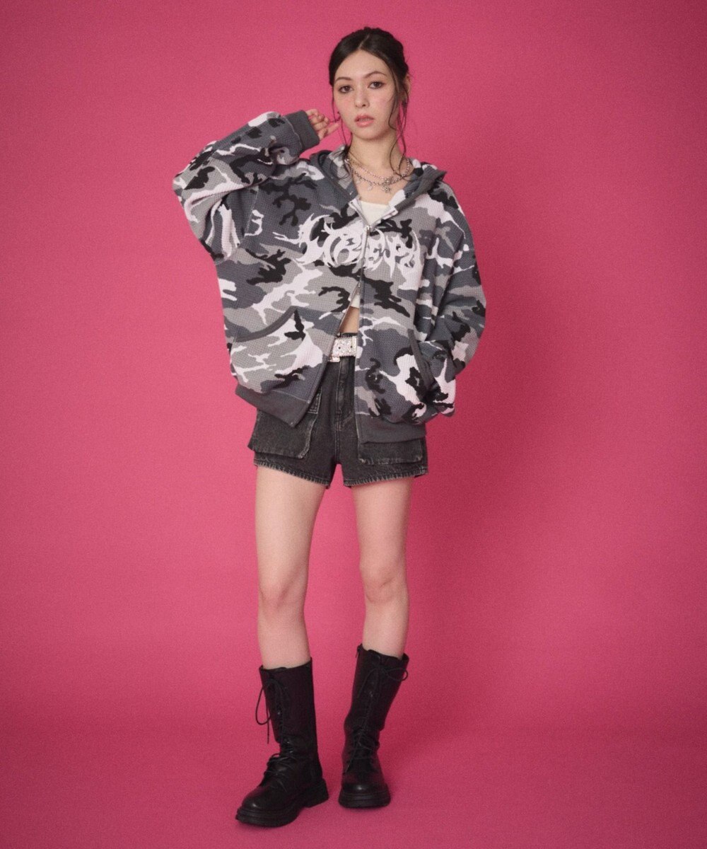 WEGO 【ユニセックス着用ITEM】ワッフルグラフィックカットZIPパーカー 