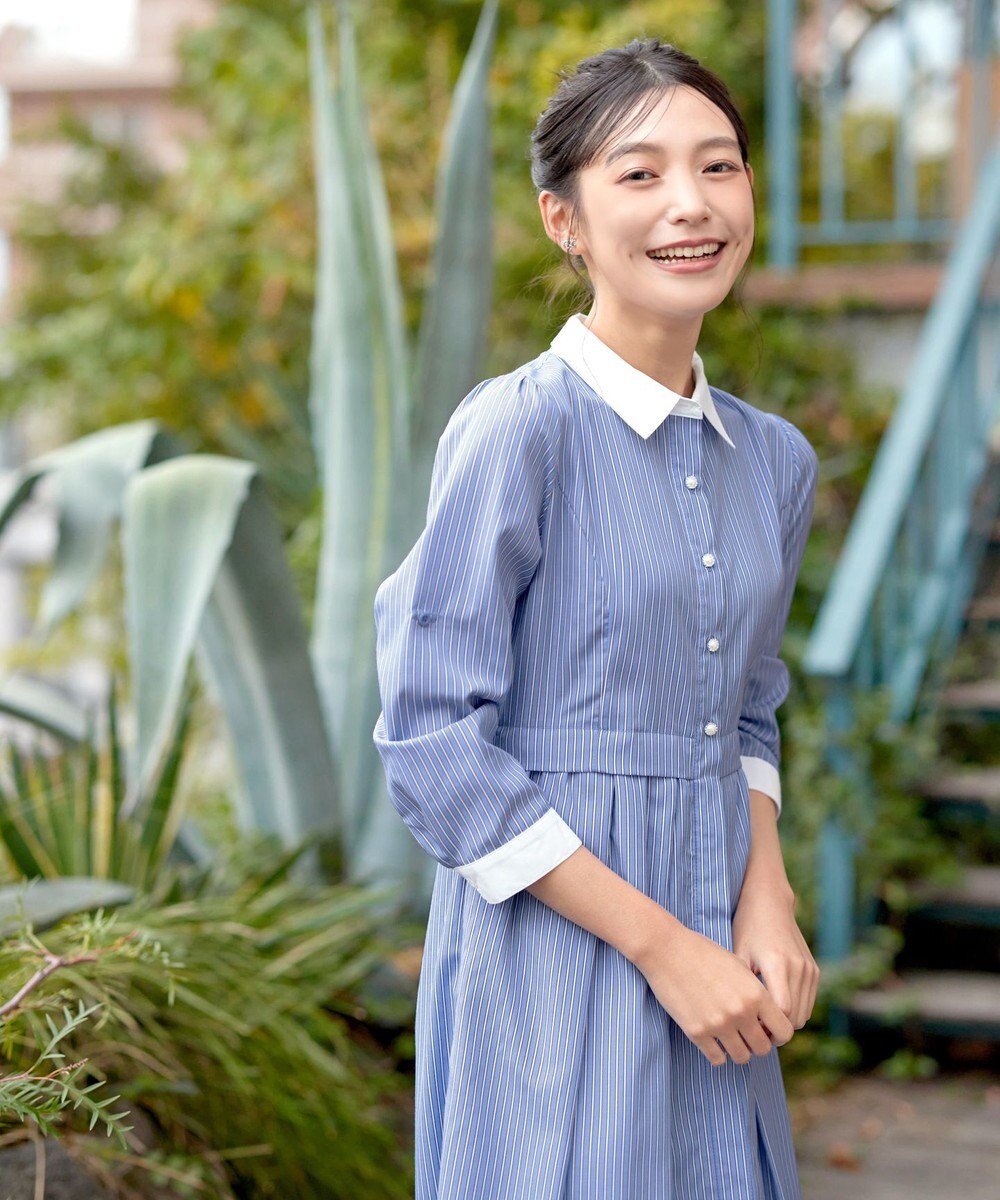 Tiaclasse L 【洗える】パール釦フレアシャツワンピース 