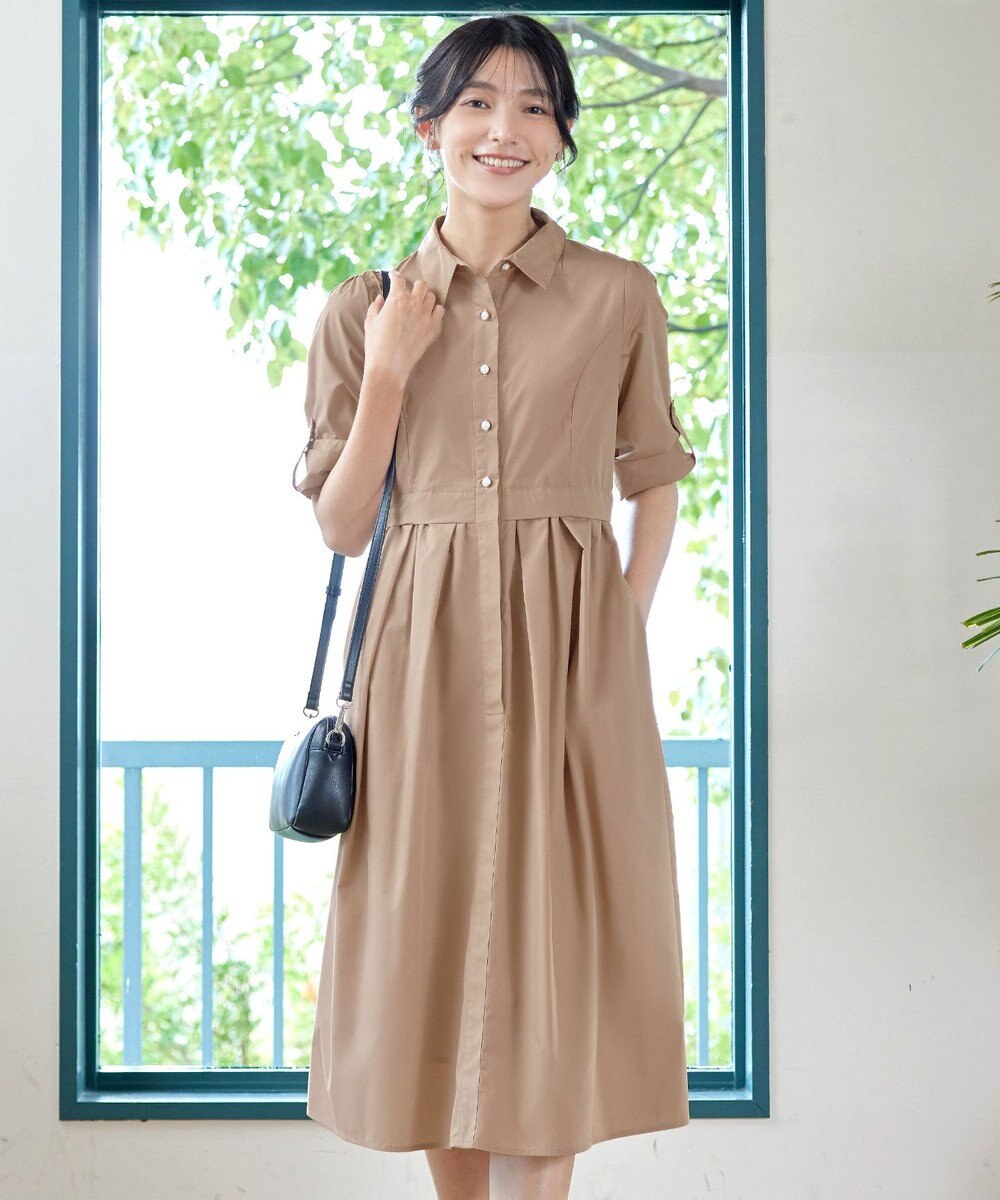 Tiaclasse L 【洗える】パール釦フレアシャツワンピース 