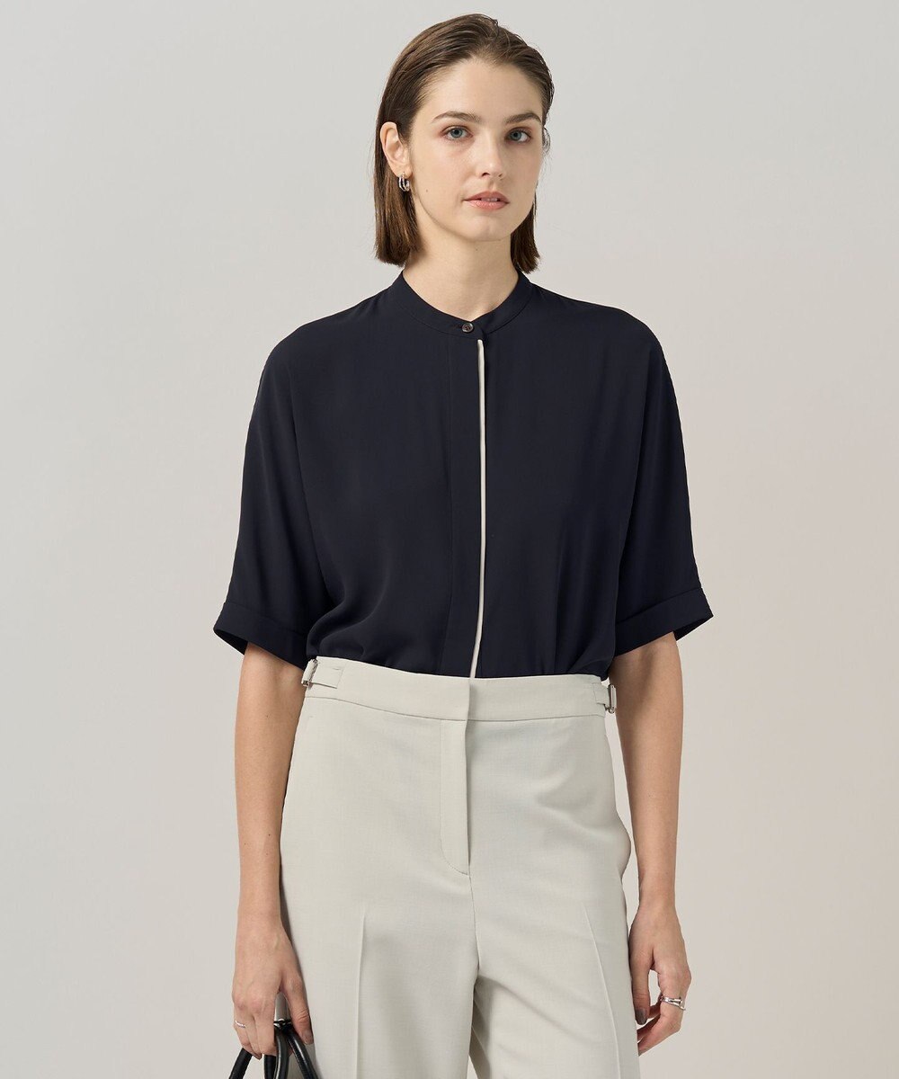 ICB L 【人気のため新色追加・接触冷感・UVケア・速乾・洗える】BackSatinAmunzen 5分袖バンドカラーブラウス 