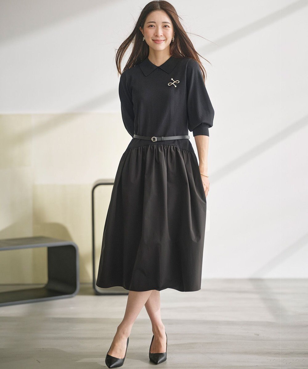 組曲 襟付きドッキング ニットワンピース 