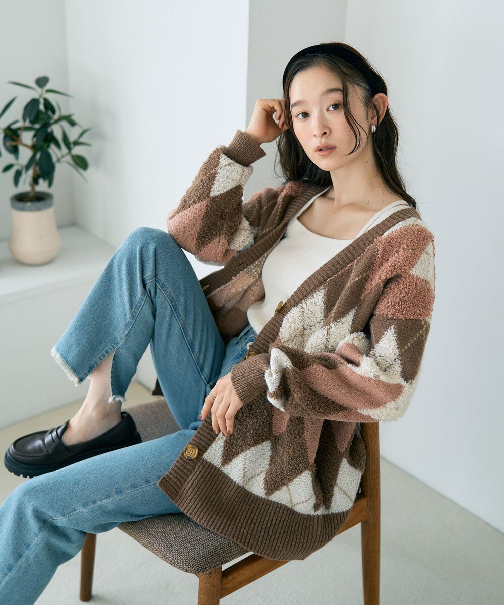 earth music&ecology ループ編みアーガイルカーディガン 